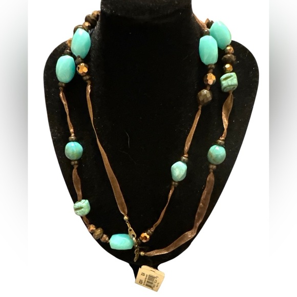 Necklace Turquoise Colored Beads And Ribbon Approx 34” In Length NWT Cookie Lee - Picture 2 of 6
